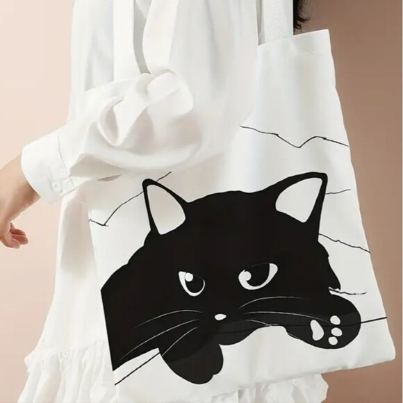 NEW Canvas Black Cat KITTY Cat Tote Bag - Picture 2 of 8